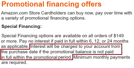 Screenshot of Amazon.com Credit Card Special Financing Page