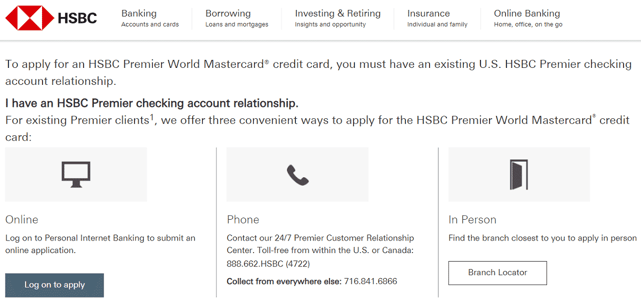 Screenshot of HSBC Application Options