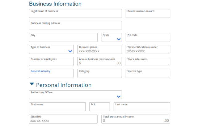 Screenshot of Small Business Credit Card Application