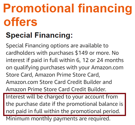 Amazon Store Card Promotional Financing Terms