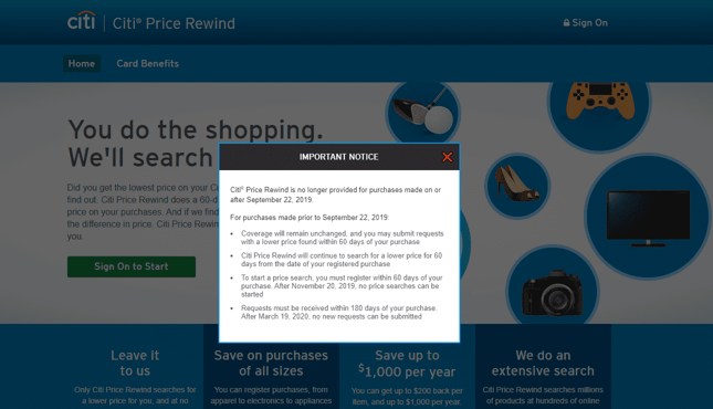 Screenshot of the Citi Price Rewind website