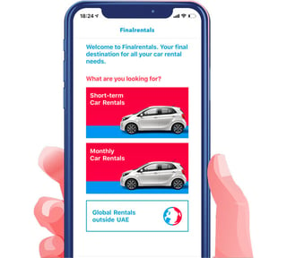 Graphic of Finalrentals app on a mobile device