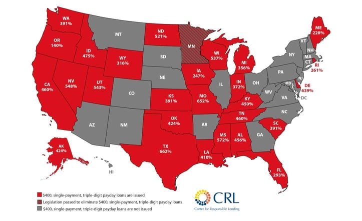 A map of the United States with the payday loan interest rates listed on each one