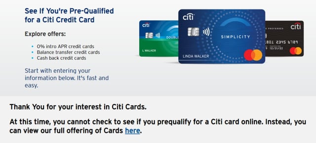 Screenshot of the Citi prequalification page. Screenshot of the Citi prequalification page.