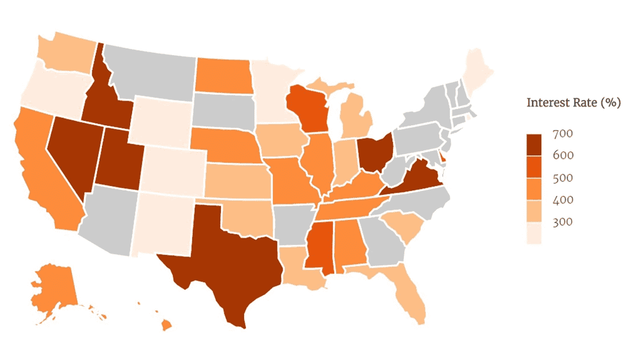 Map of payday loan rates in each state.
