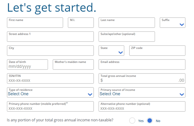 Screenshot of the application for the Chase Freedom Student credit card.