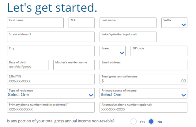 Screenshot of the application for the Chase Freedom Student credit card.