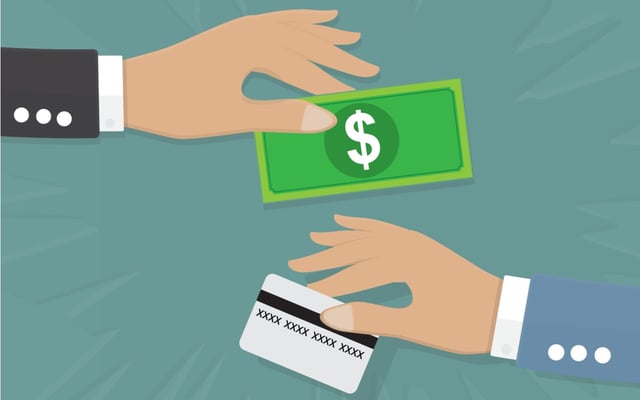 Cartoon image of a hand holding cash and another holding a credit card.