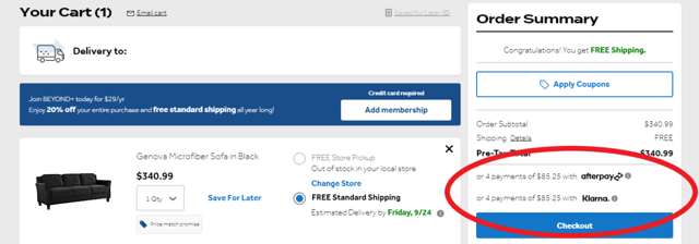 Screenshot of BNPL options on the Bed Bath & Beyond website.