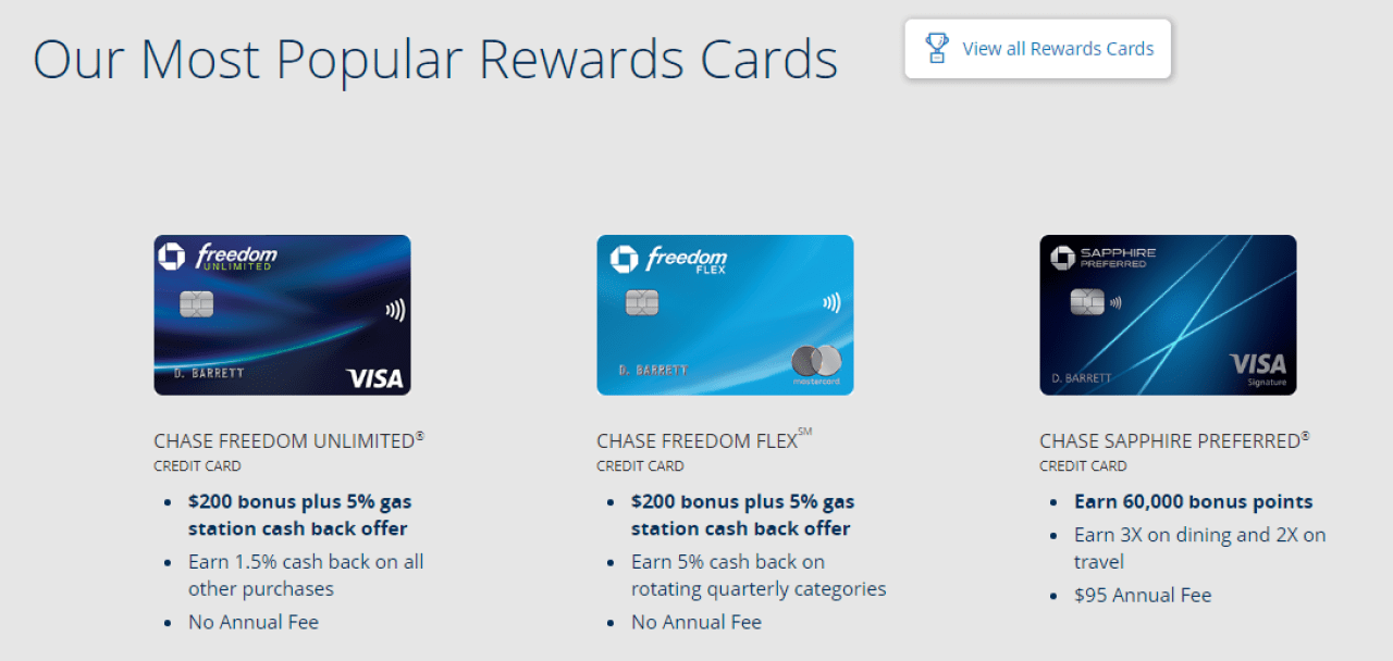 Screenshot of popular rewards cards from Chase's website.
