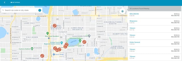 Screenshot of the Netspend Reload Location Finder. Screenshot of the Netspend Reload Location Finder.