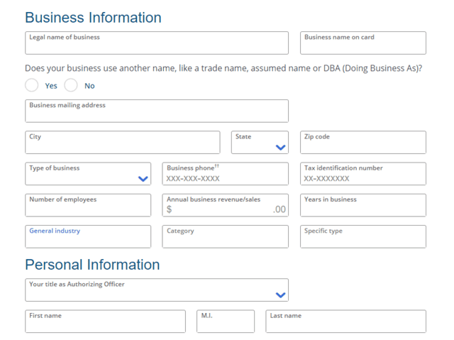 Screenshot of a Chase Bank Business Card Application