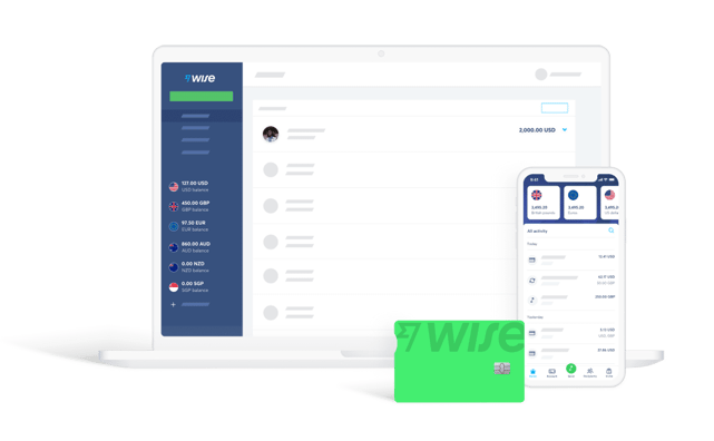 Image of Wise website, smartphone app, and debit card