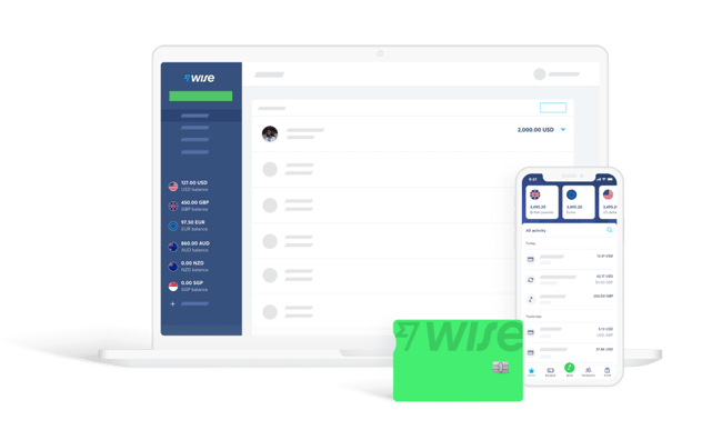 Image of Wise website, smartphone app, and debit card Image of Wise website, smartphone app, and debit card