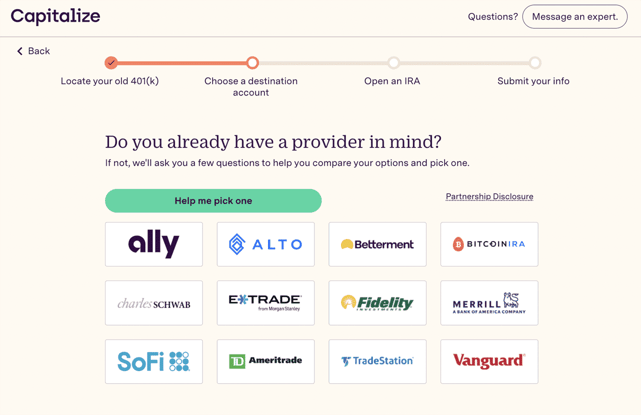 Capitalize IRA provider selection screen