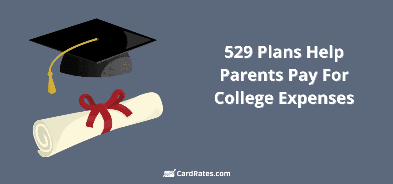 529 Plan graphic with graduation cap and diploma, white text