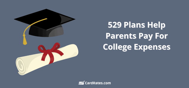 529 Plan graphic with graduation cap and diploma, white text