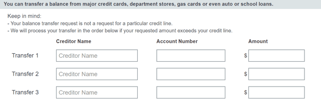 Screenshot of a Typical Balance Transfer Form