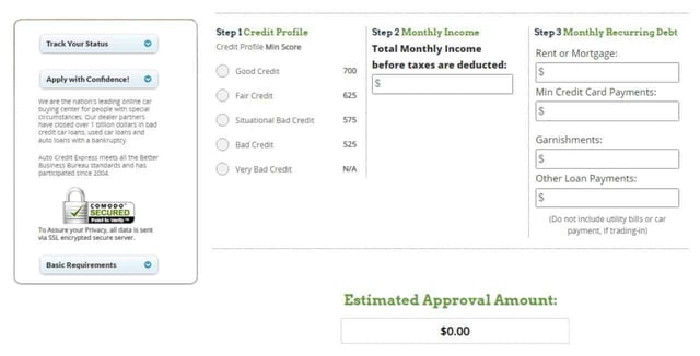 Screenshot of the Auto Credit Express form