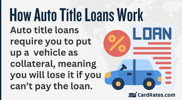 How Auto Title Loans Work
Auto title loans require you to put up a vehicle as collateral, meaning you will lose it if you can’t pay the loan. How Auto Title Loans Work
Auto title loans require you to put up a vehicle as collateral, meaning you will lose it if you can’t pay the loan.