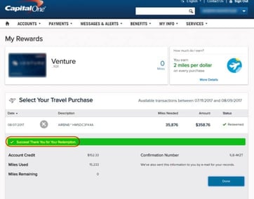 Screenshot of Capital One rewards redemption