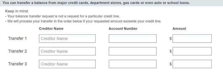 Screenshot of balance transfer form on an issuer's website