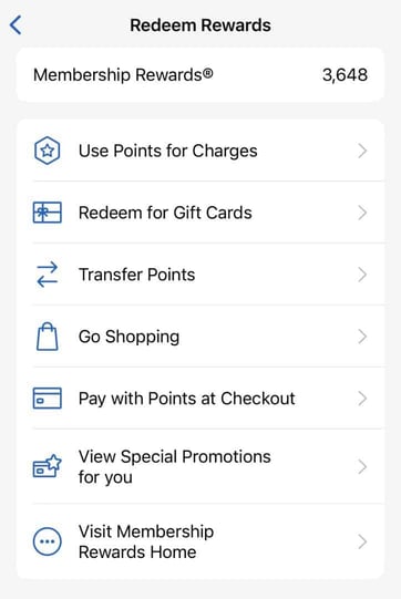 Screenshot of Amex rewards redemption options in mobile app