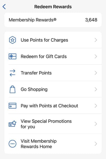 Screenshot of Amex rewards redemption options in mobile app Screenshot of Amex rewards redemption options in mobile app