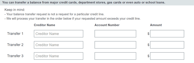 Balance Transfer Form Screenshot