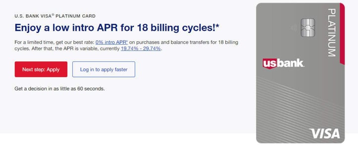 Screenshot of the U.S. Bank Visa Platinum product page