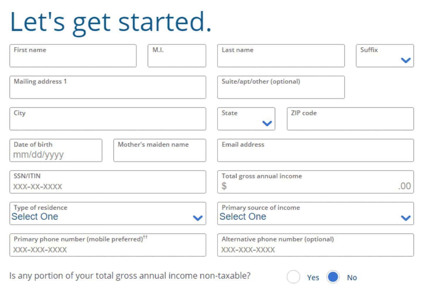 Screenshot of Chase credit card application