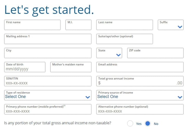 Screenshot of Chase credit card application
