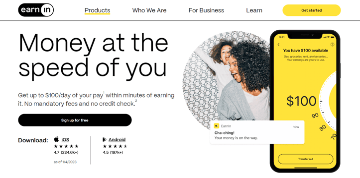 Screenshot of the EarnIn homepage
