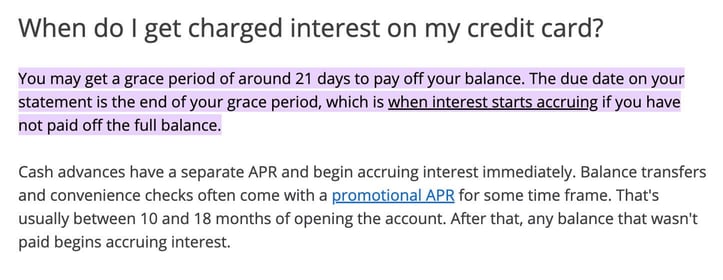 Screenshot of grace period language from credit card issuer