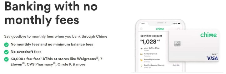 Chime fee structure next to phone and debit card