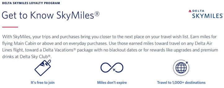Screenshot from the Delta SkyMiles website