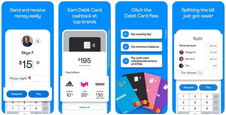 Screenshots from the Venmo app on the app store