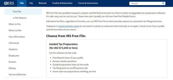 IRS.gov Free File page