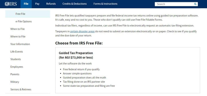 IRS.gov Free File page IRS.gov Free File page
