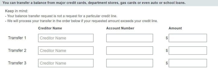 Example balance transfer form from a credit card issuer Example balance transfer form from a credit card issuer