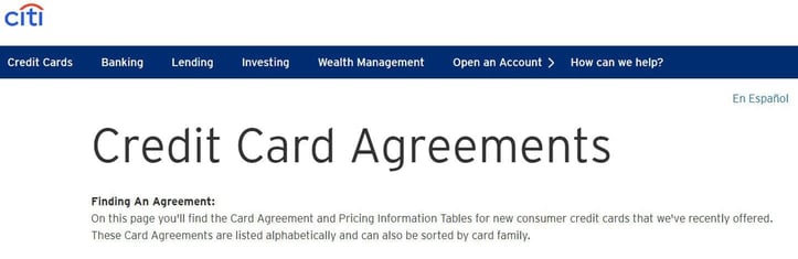 Citi credit card agreement screenshot Citi credit card agreement screenshot