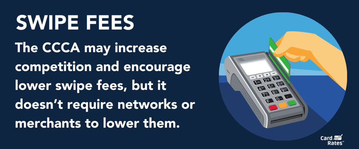 The CCCA may increase competition and lower swipe fees, but it does not require networks or merchants to lower them. The CCCA may increase competition and lower swipe fees, but it does not require networks or merchants to lower them.