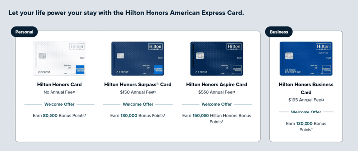 Screenshot of Hilton's credit cards Screenshot of Hilton's credit cards