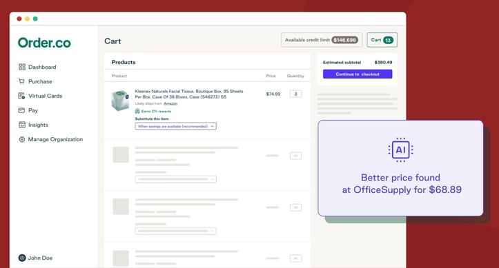 Order.co interface showing savings dashboard Order.co interface showing savings dashboard