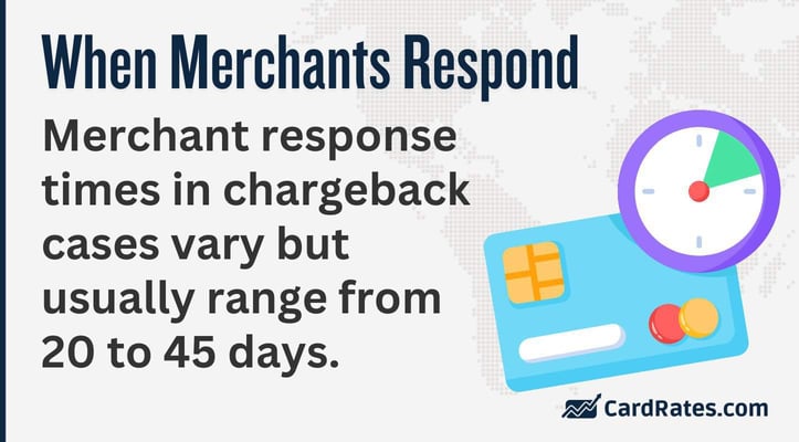 Merchant response times in chargeback cases vary but usually range from 20 to 45 days Merchant response times in chargeback cases vary but usually range from 20 to 45 days