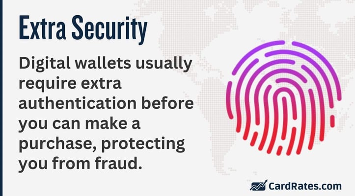 Digital wallets usually require extra authentication before you can make a purchase, protecting you from fraud. Digital wallets usually require extra authentication before you can make a purchase, protecting you from fraud.