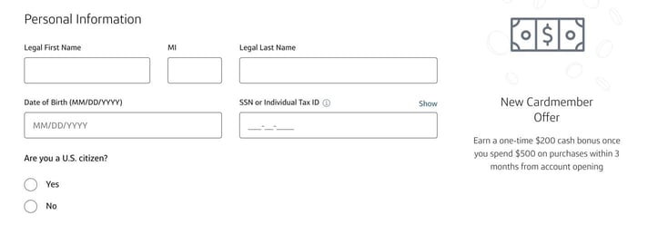 Screenshot of Capital One credit card application step 1