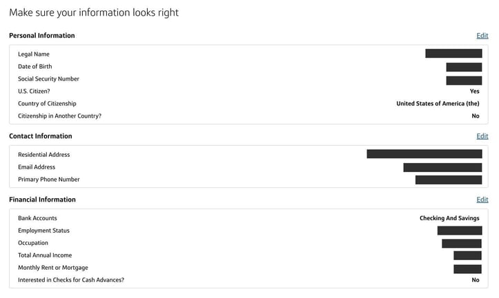 Screenshot of Capital One credit card application step 5