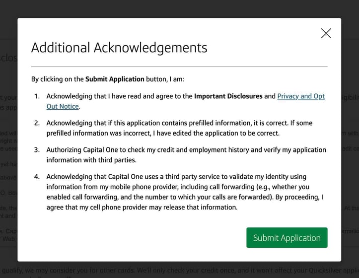 Screenshot of Capital One credit card application step 7