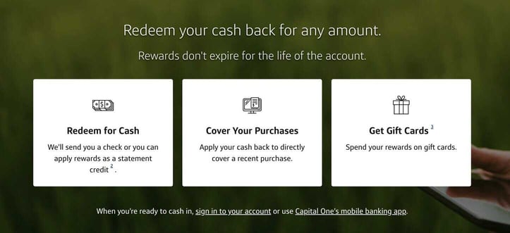 Capital One Rewards redemption options screenshot Capital One Rewards redemption options screenshot